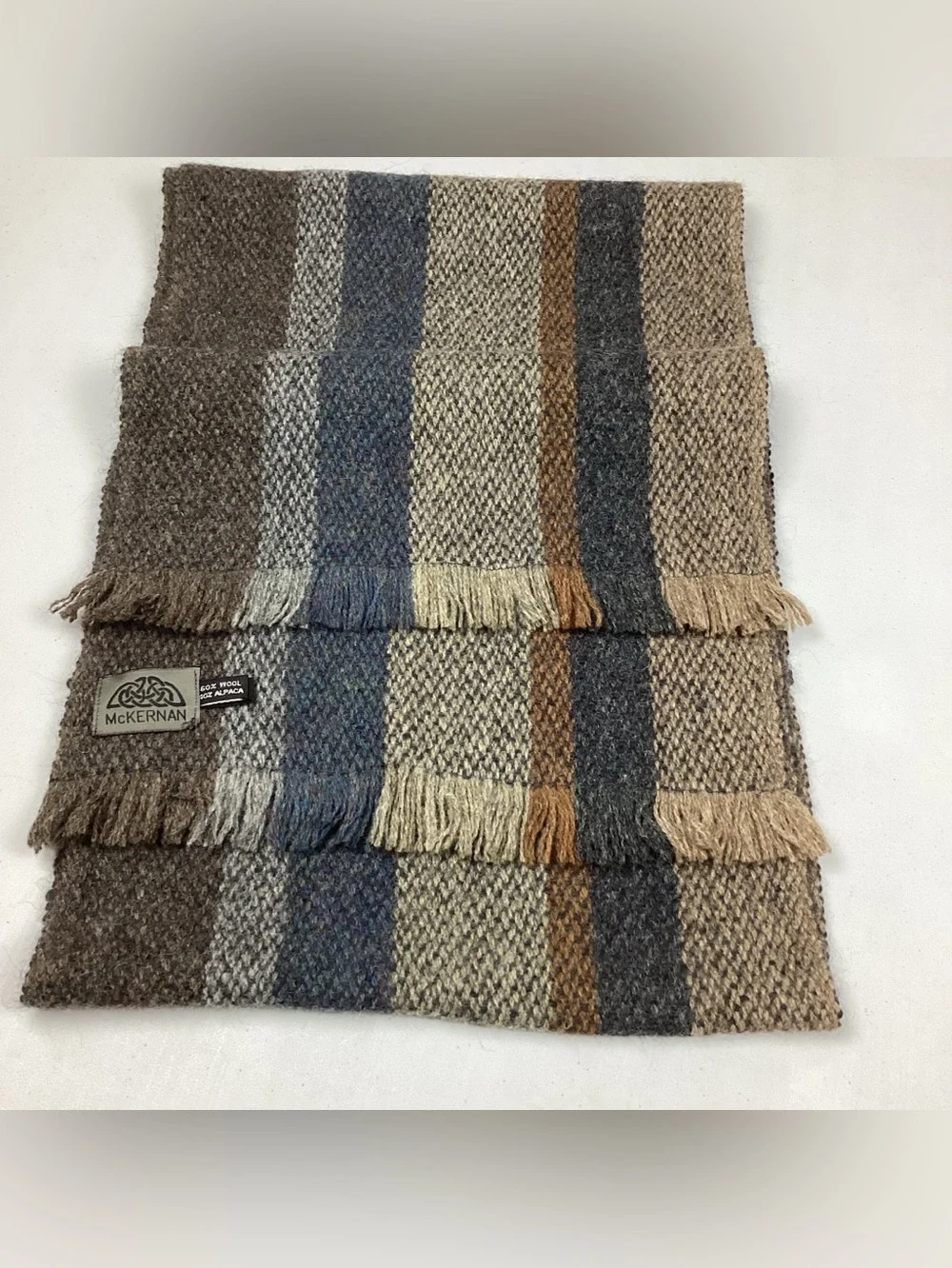 McKernan Wool & Alpaca Striped Fringed Scarf Made In Ireland Unisex
